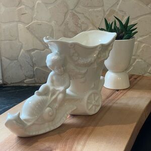 VINTAGE PLANTER | White Cherub Riding Snail Pulling Cart